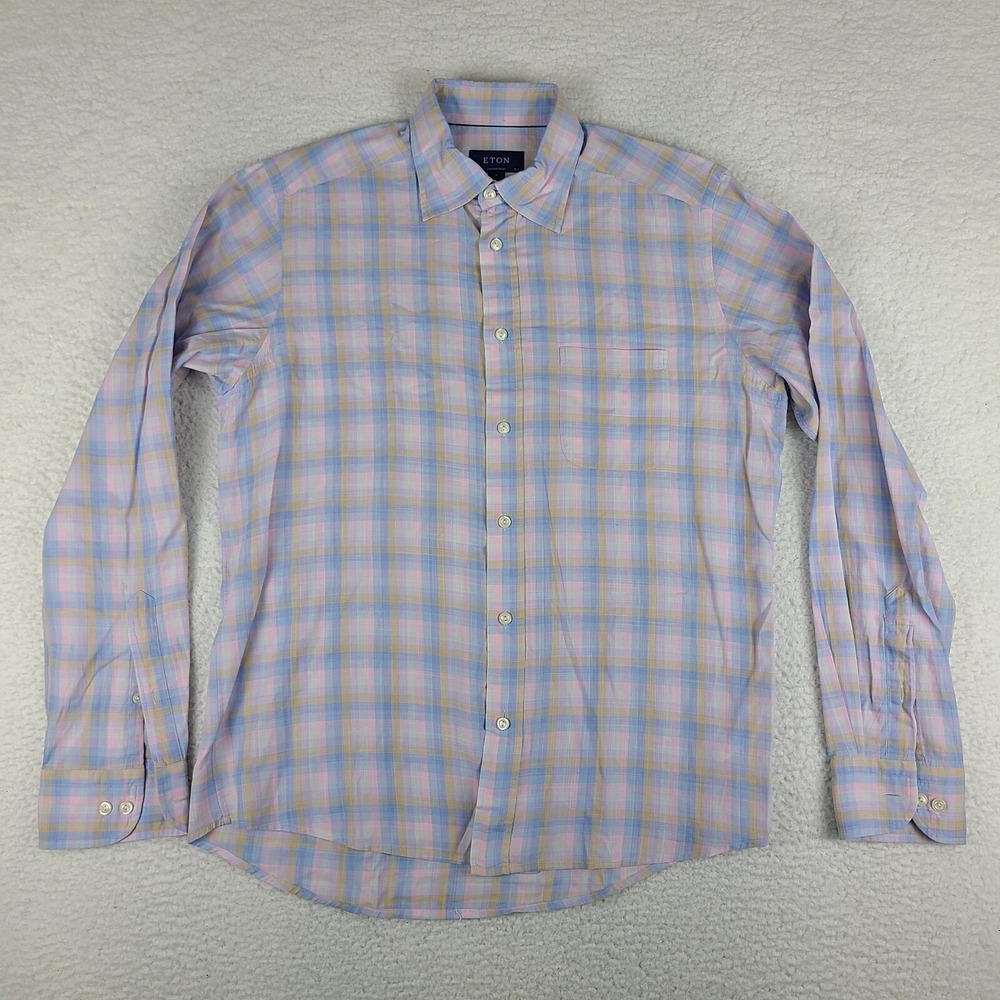 ETON Shirt Mens Medium Blue Purple Lightweight Twill Contemporary Button Down